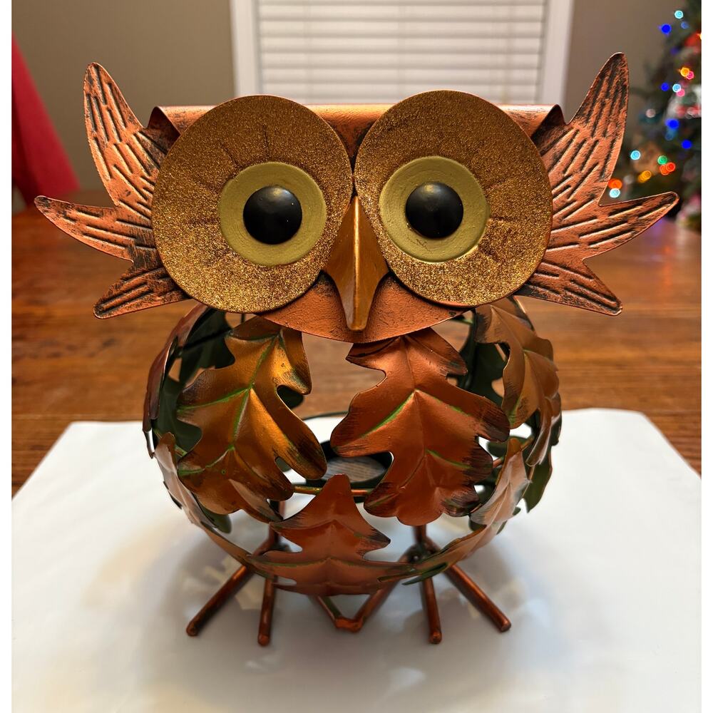 Pier One Imports Owl Tealight Copper Candle Holder Glitter Eyes Lantern Metal